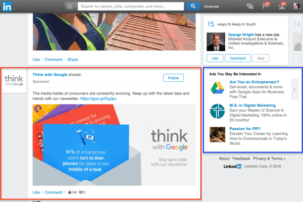 Quảng cáo Linkedin bình thường trên Newsfeed và Sidebar