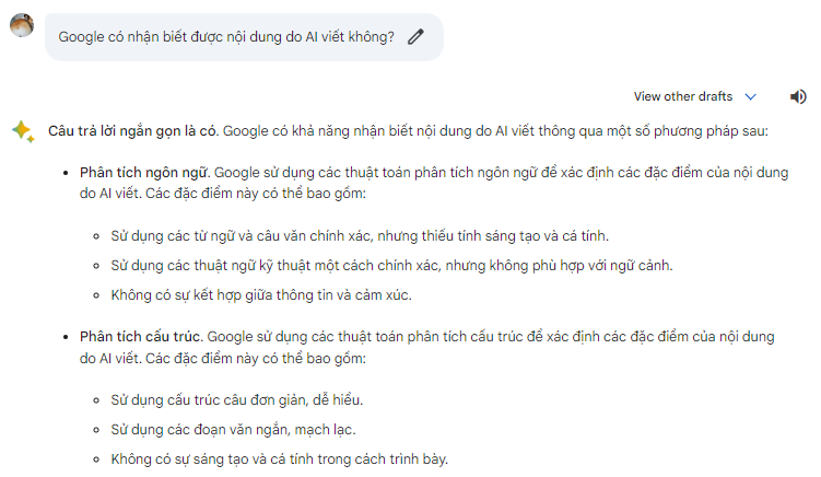 Google Bard trả lời về việc liệu Google có nhận biết được nội dung tạo ra bởi AI không.