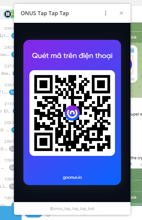 Telegram Bot của Onus Tap Tap Tap sẽ hiện lên QR code để bạn quét và chuyển sang điện thoại