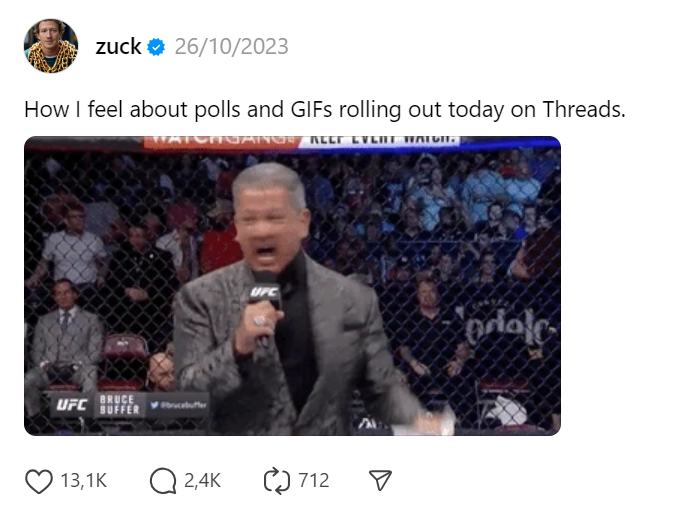 Mark Zuckerberg, CEO của Meta, đã thông báo về việc ra mắt tính năng Polls và GIFs trên Threads.