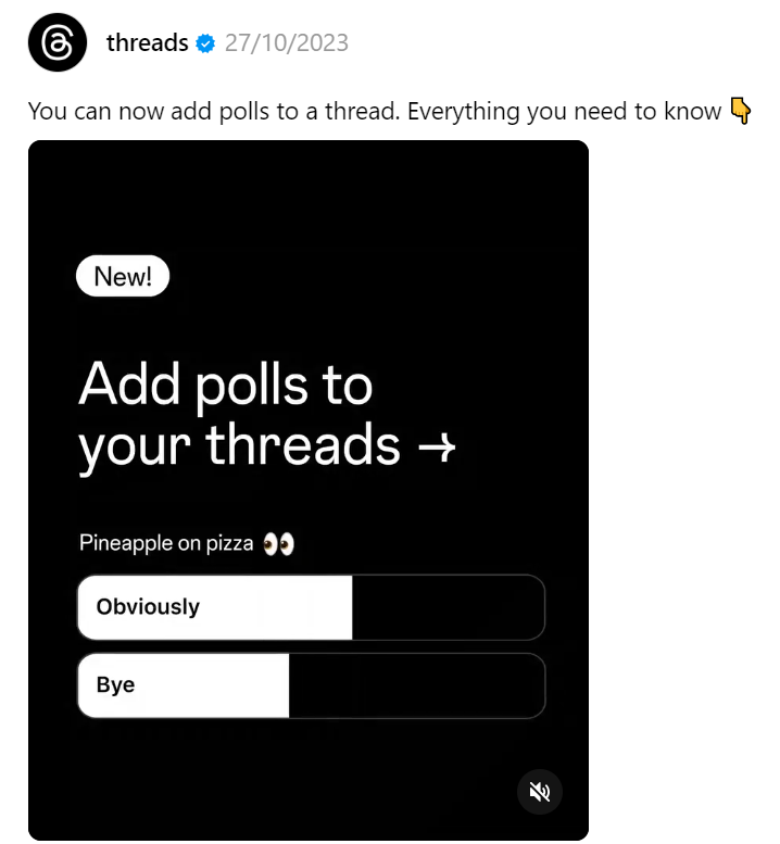 Tài khoản chính của Threads đăng thông báo rằng mọi người đã có thể đăng bài với tính năng Poll.